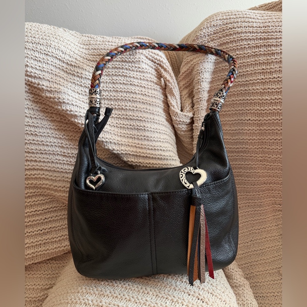Brighton Barbados Black Leather Hobo Bag Multicolor Woven Strap